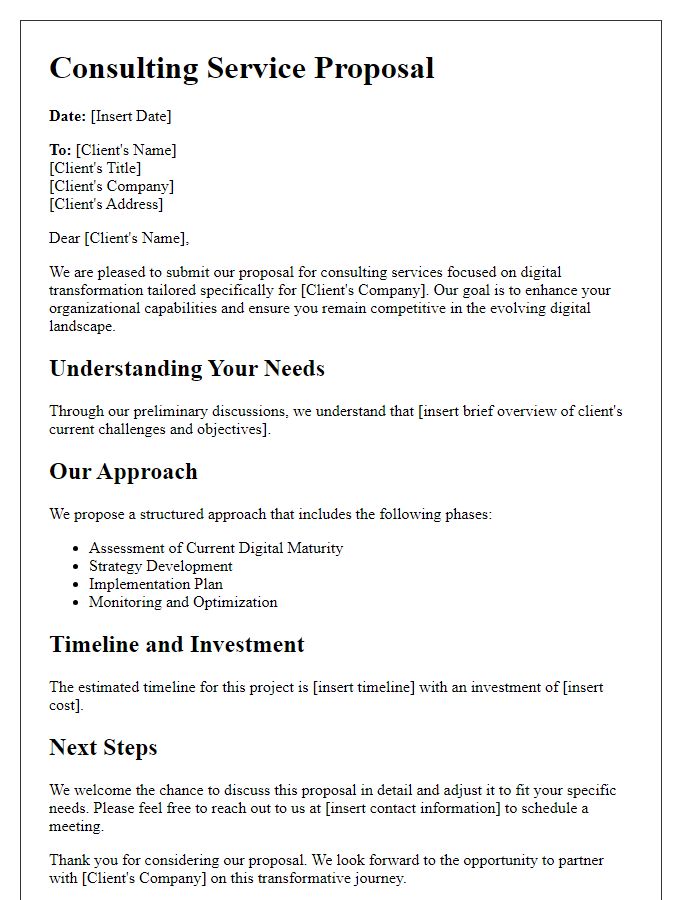 Letter template of a consulting service proposal for digital transformation.