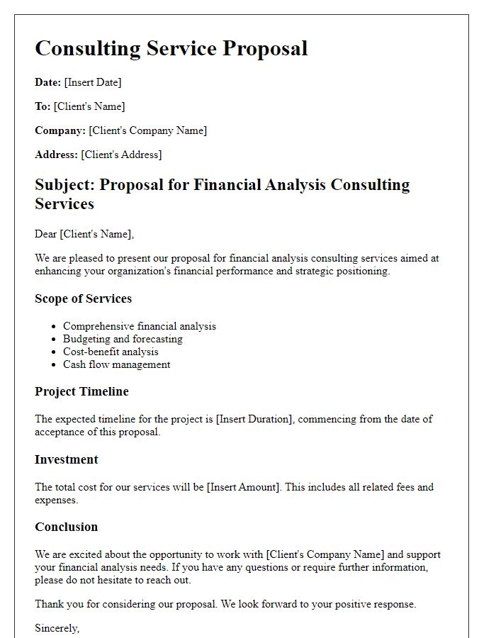 Letter template of a consulting service proposal for financial analysis.