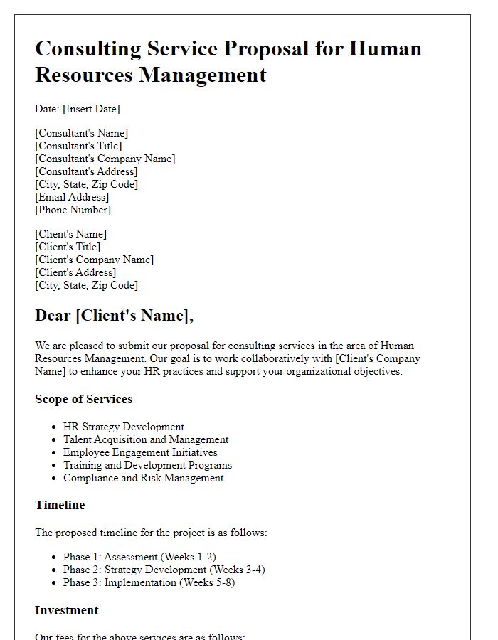 Letter template of a consulting service proposal for human resources management.