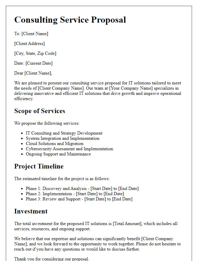 Letter template of a consulting service proposal for IT solutions.