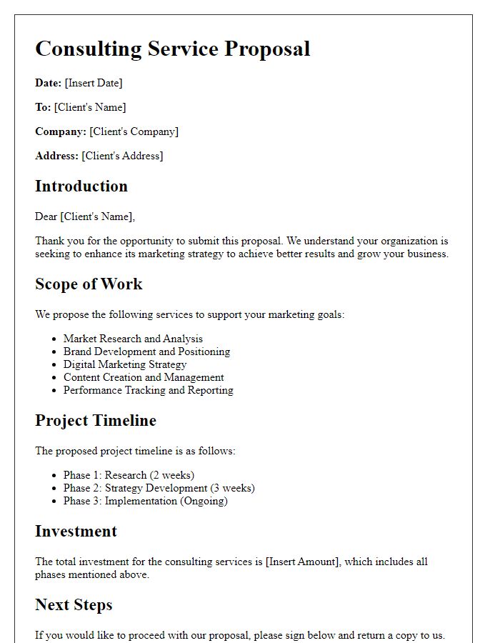 Letter template of a consulting service proposal for marketing strategy.