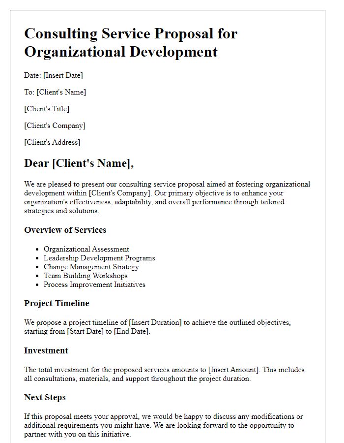 Letter template of a consulting service proposal for organizational development.