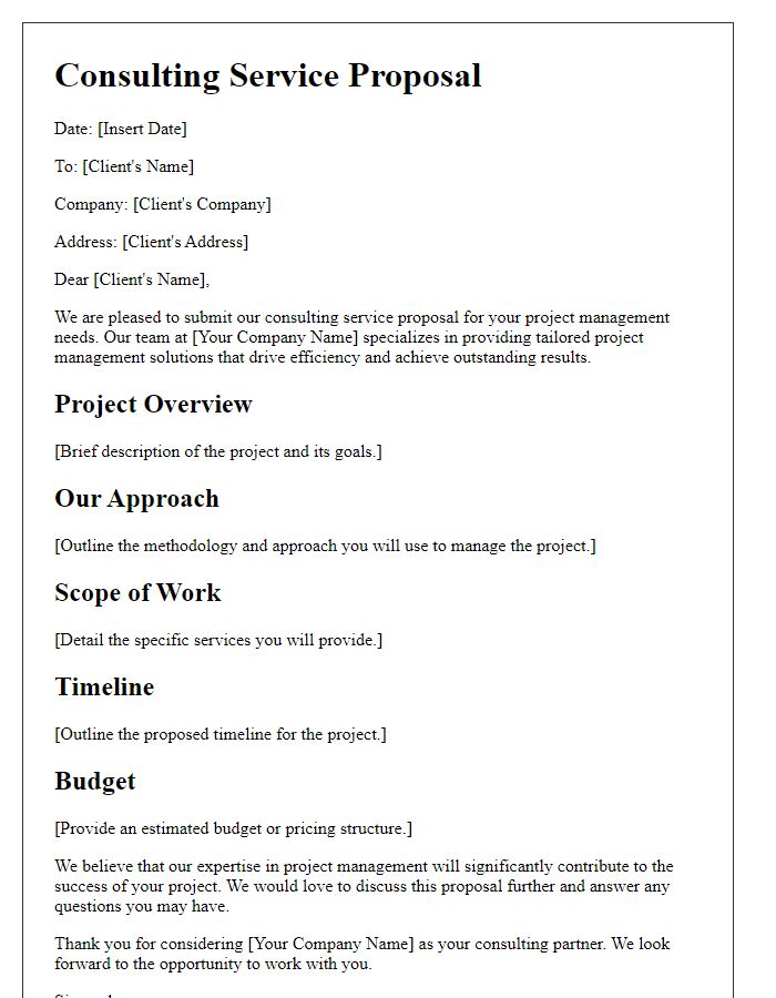 Letter template of a consulting service proposal for project management.