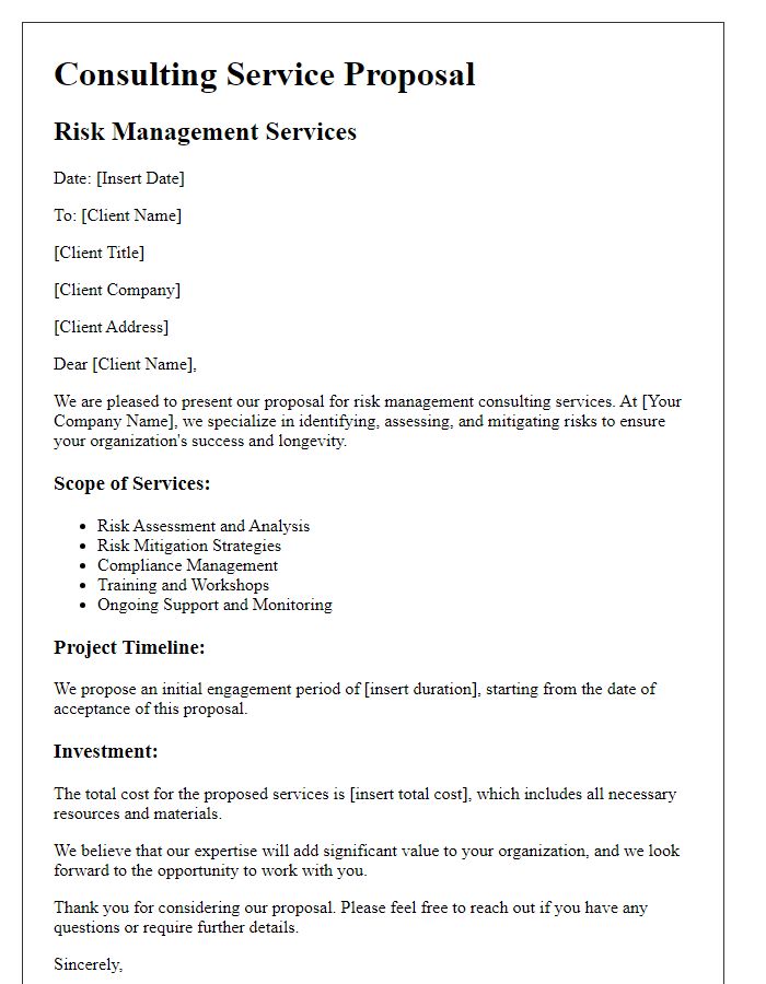 Letter template of a consulting service proposal for risk management.