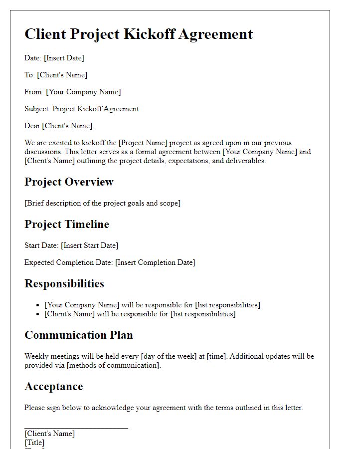 Letter template of client project kickoff agreement