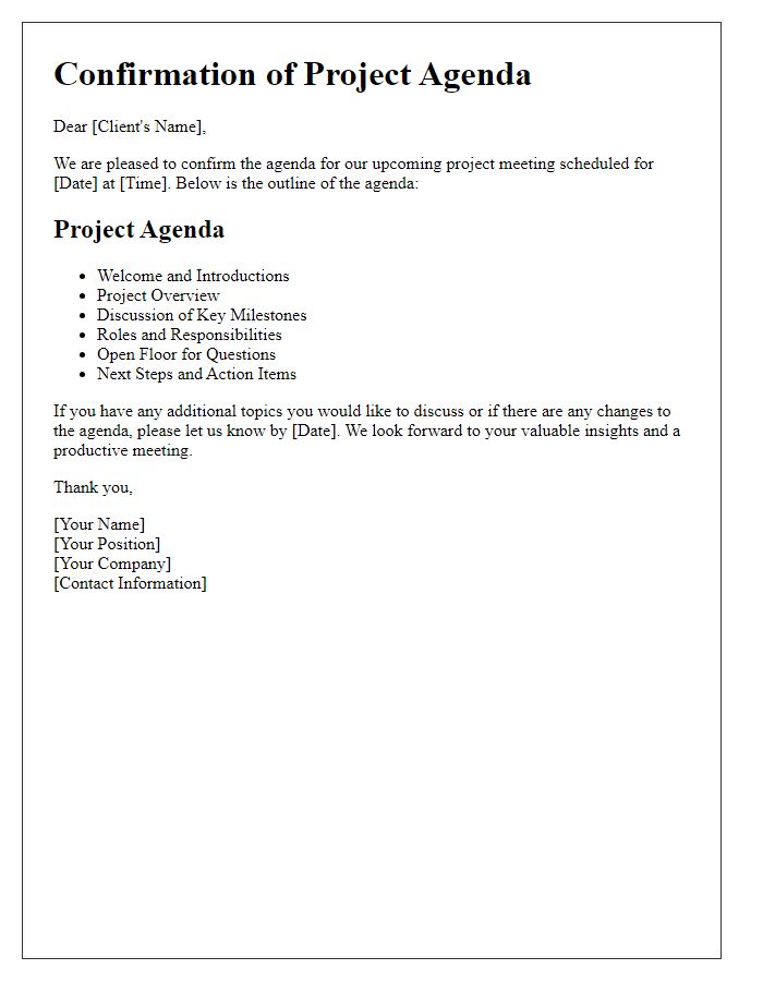 Letter template of confirmation of project agenda for clients