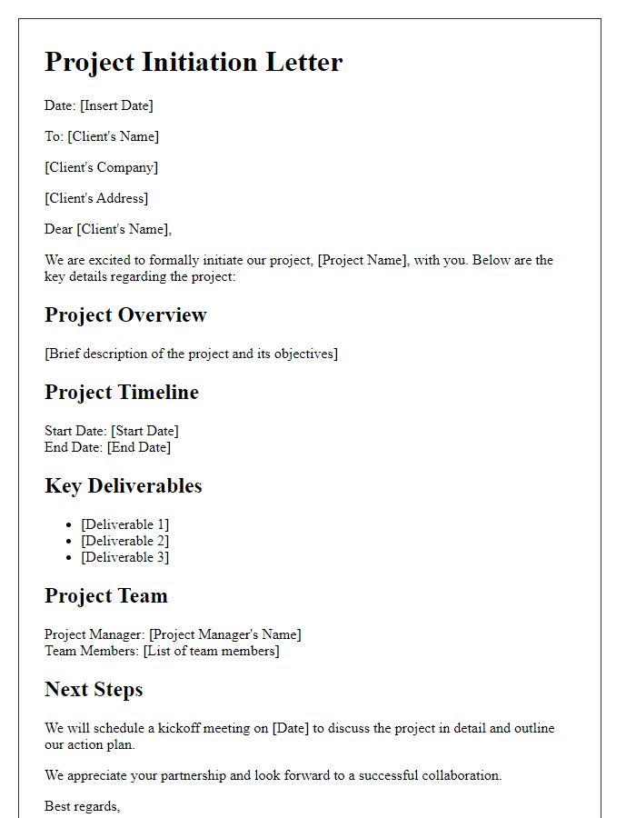 Letter template of project initiation details for clients