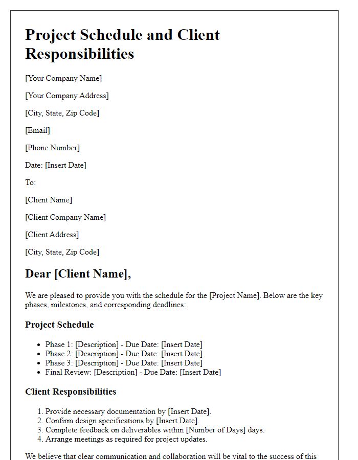 Letter template of project schedule and client responsibilities