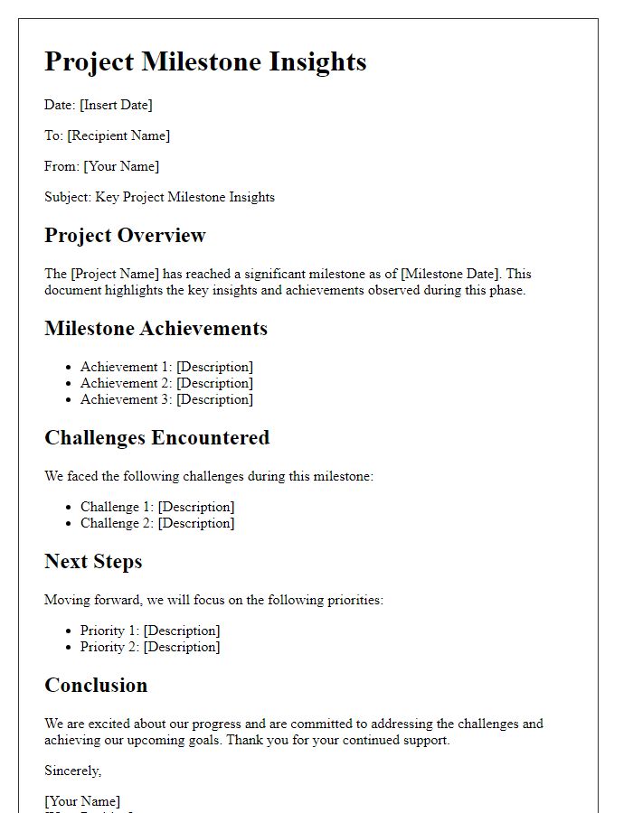 Letter template of key project milestone insights