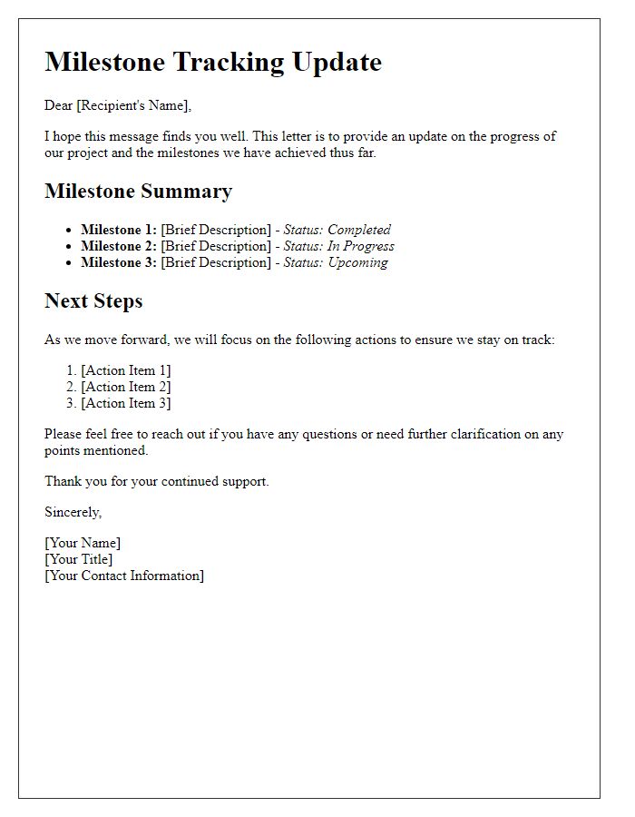 Letter template of milestone tracking communication