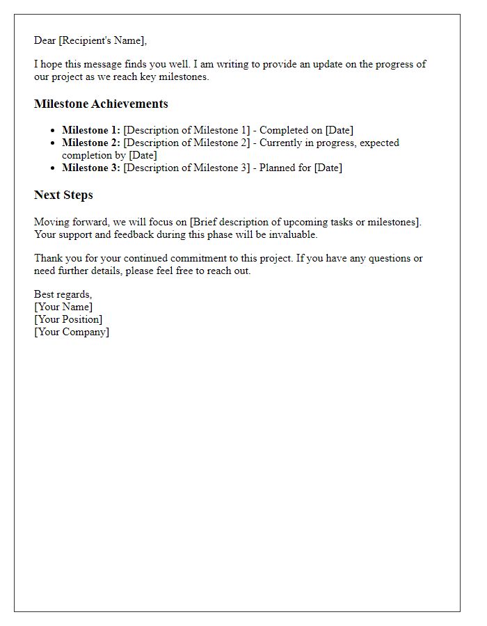 Letter template of progress update on project milestones