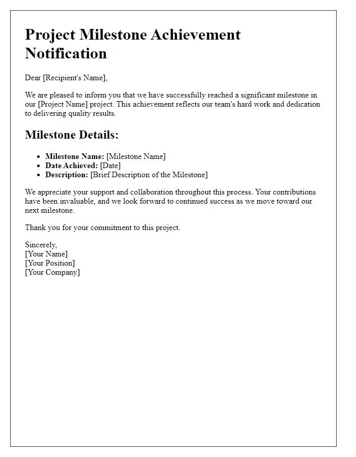 Letter template of project milestone achievements notification