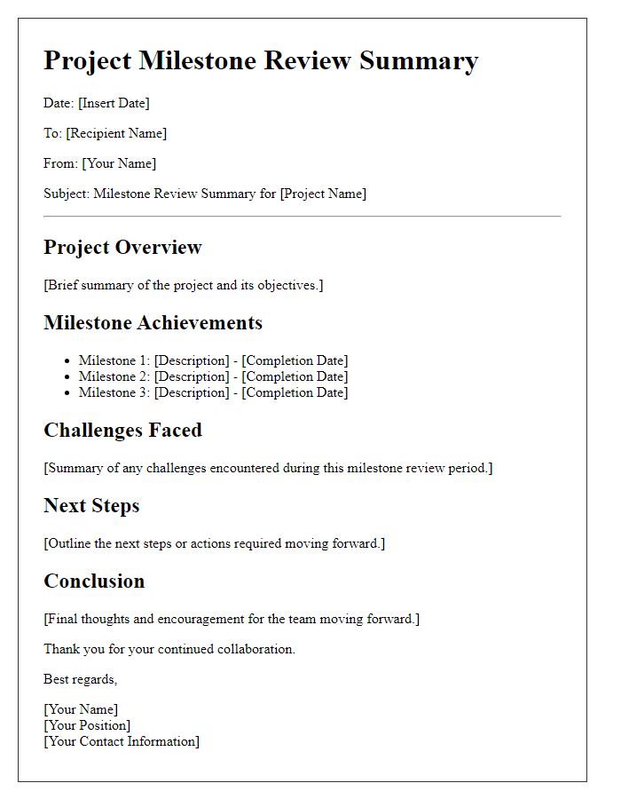 Letter template of project milestone review summary