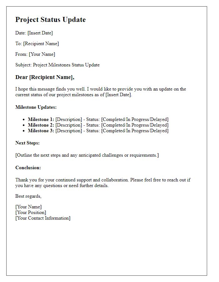 Letter template of status update for project milestones