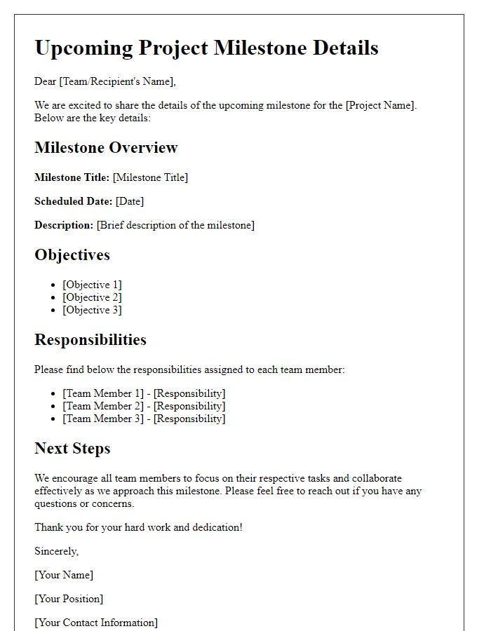 Letter template of upcoming project milestone details