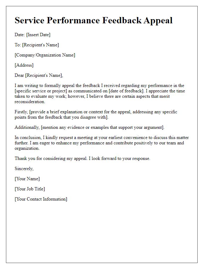 Letter template of service performance feedback appeal