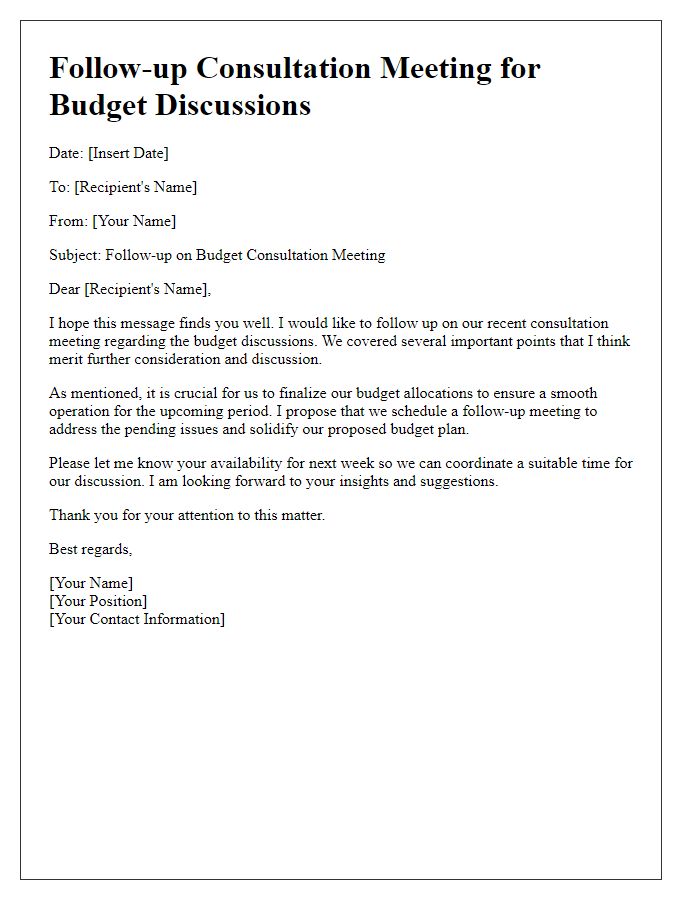 Letter template of follow-up consultation meeting for budget discussions.