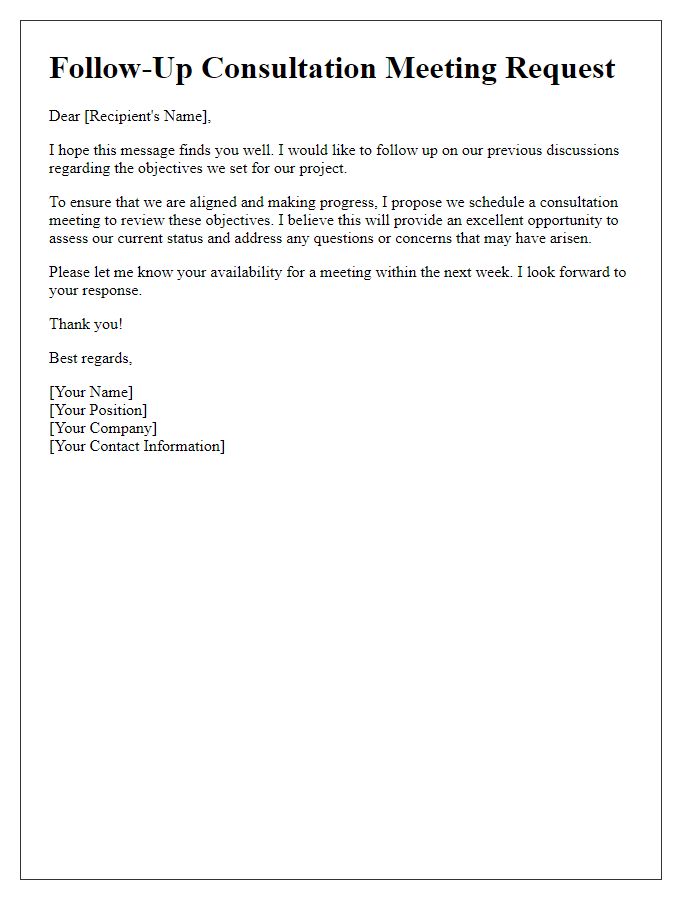 Letter template of follow-up consultation meeting to review objectives.