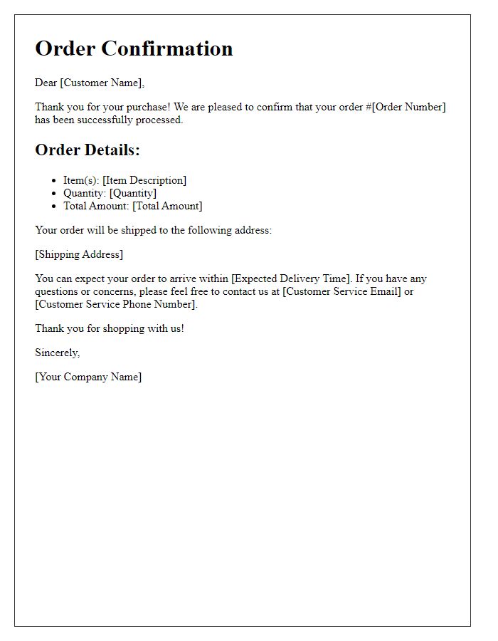 Letter template of confirmation for e-commerce sale