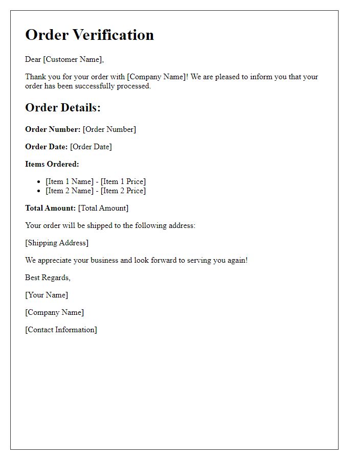 Letter template of online order verification