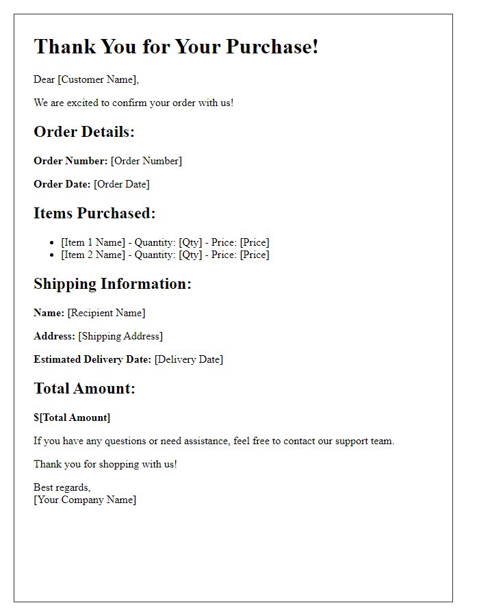 Letter template of online purchase confirmation