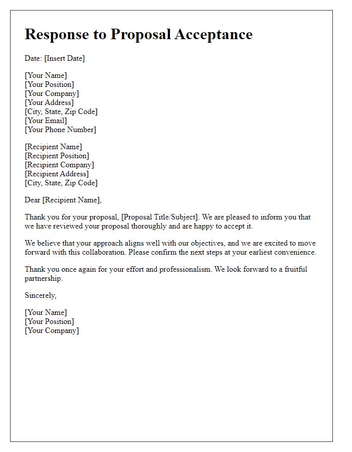 Letter template of response to proposal acceptance