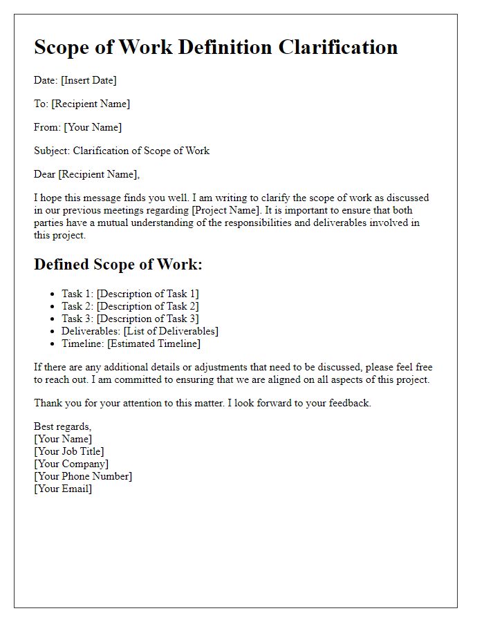 Letter template of scope of work definition clarification