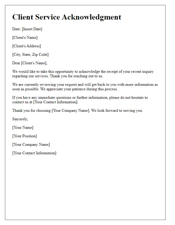 Letter template of Client Service Acknowledgment