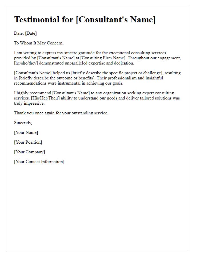 Letter template of Consultant Service Testimonial