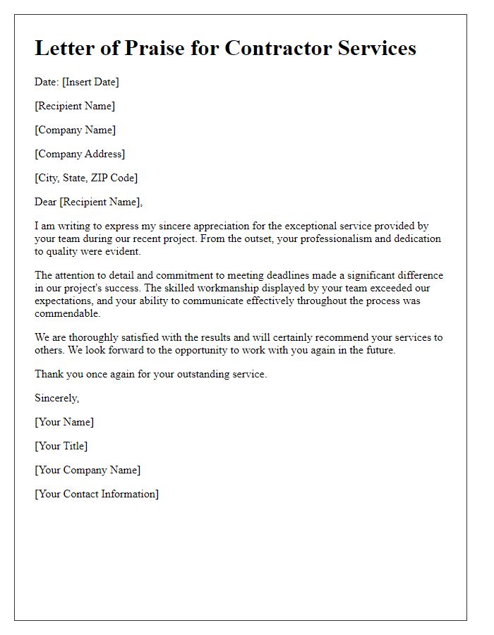 Letter template of Contractor Service Praise