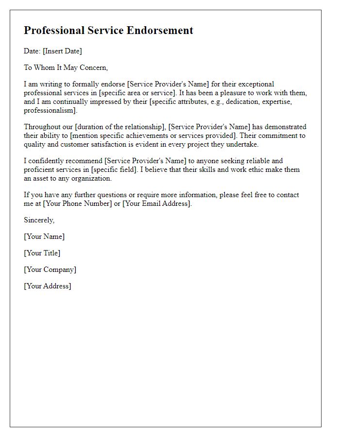 Letter template of Professional Service Endorsement