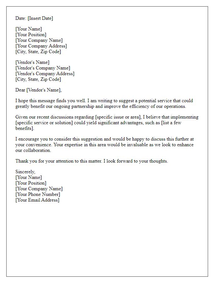 Letter template of Vendor Service Suggestion