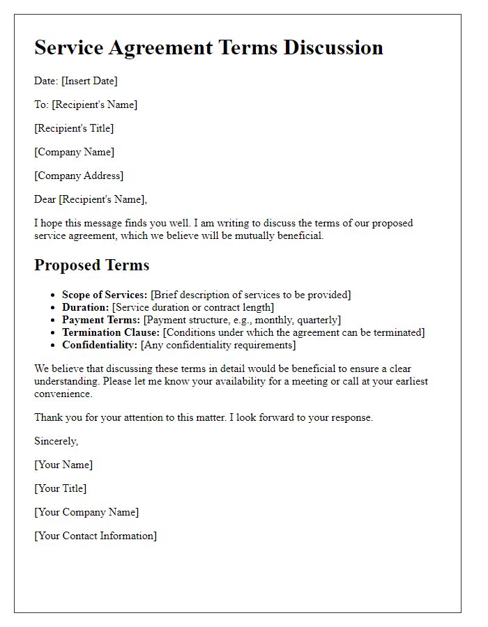 Letter template of service agreement terms discussion