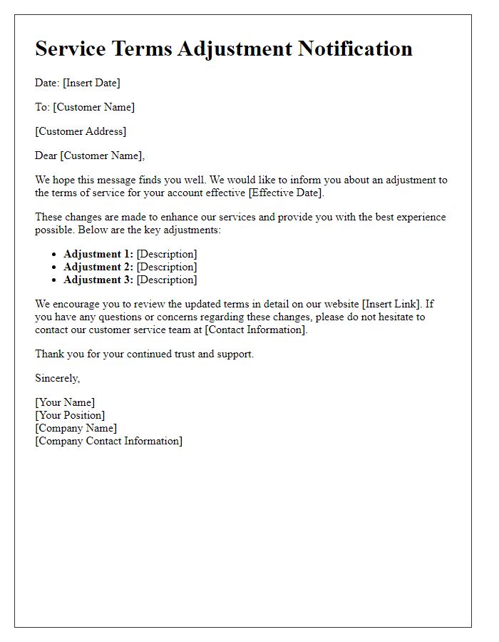 Letter template of service terms adjustment