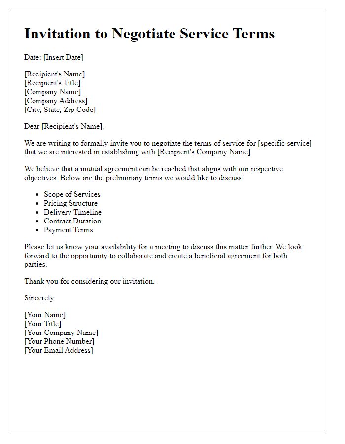 Letter template of service terms invitation to negotiate