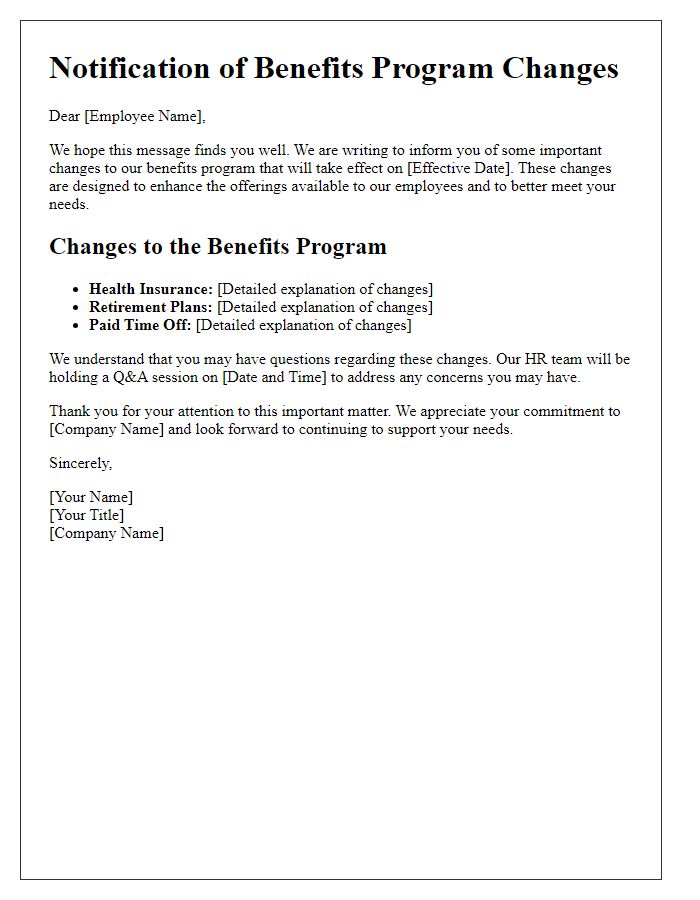 Letter template of benefits program changes