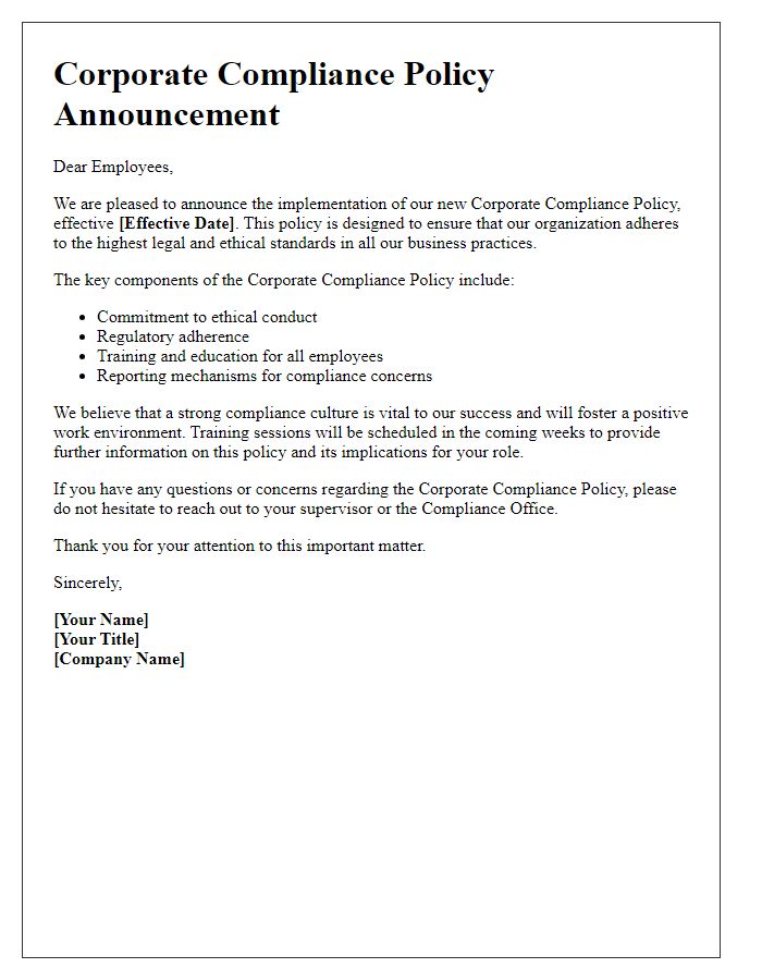 Letter template of corporate compliance policy announcement