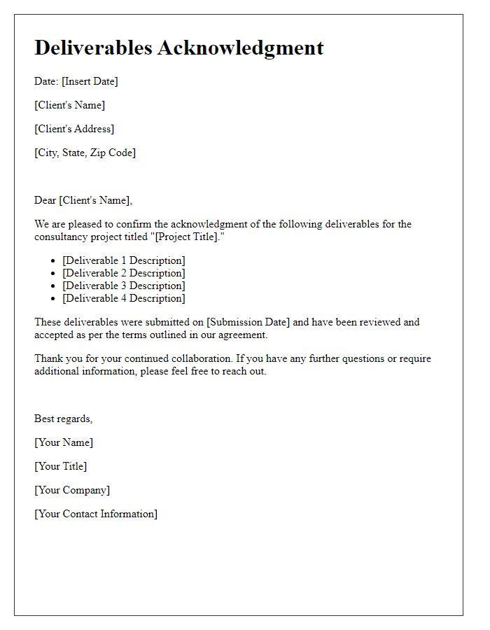 Letter template of consultancy project deliverables acknowledgment