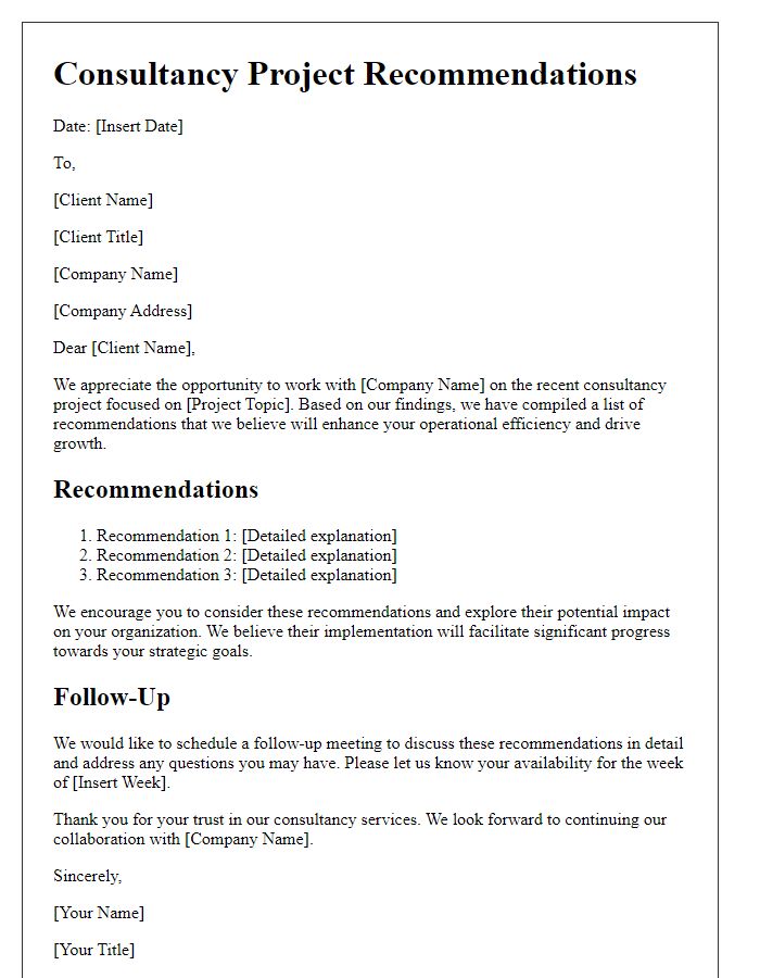 Letter template of consultancy project recommendations and follow-up