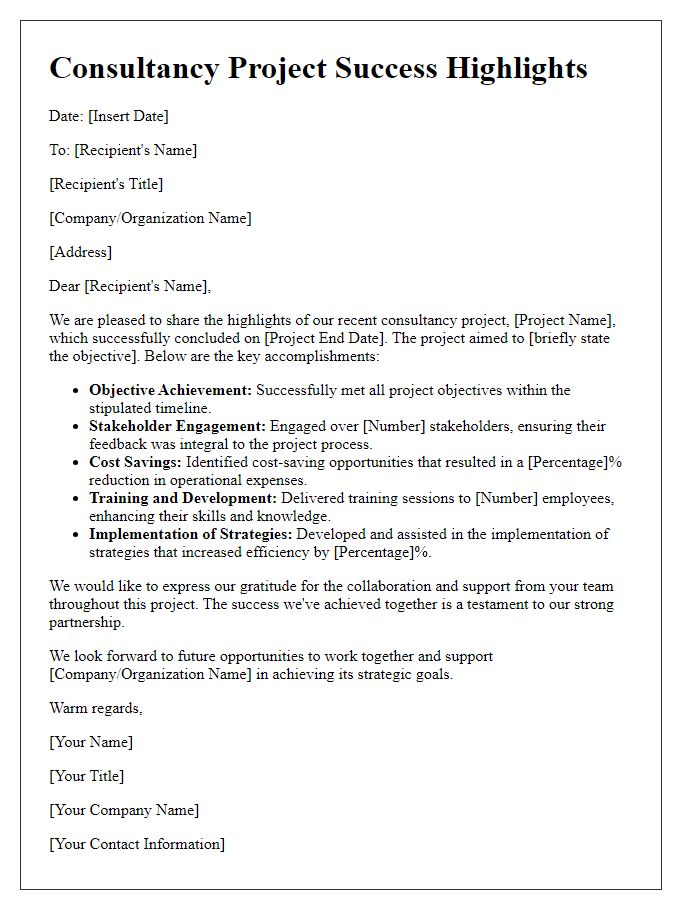 Letter template of consultancy project success highlights