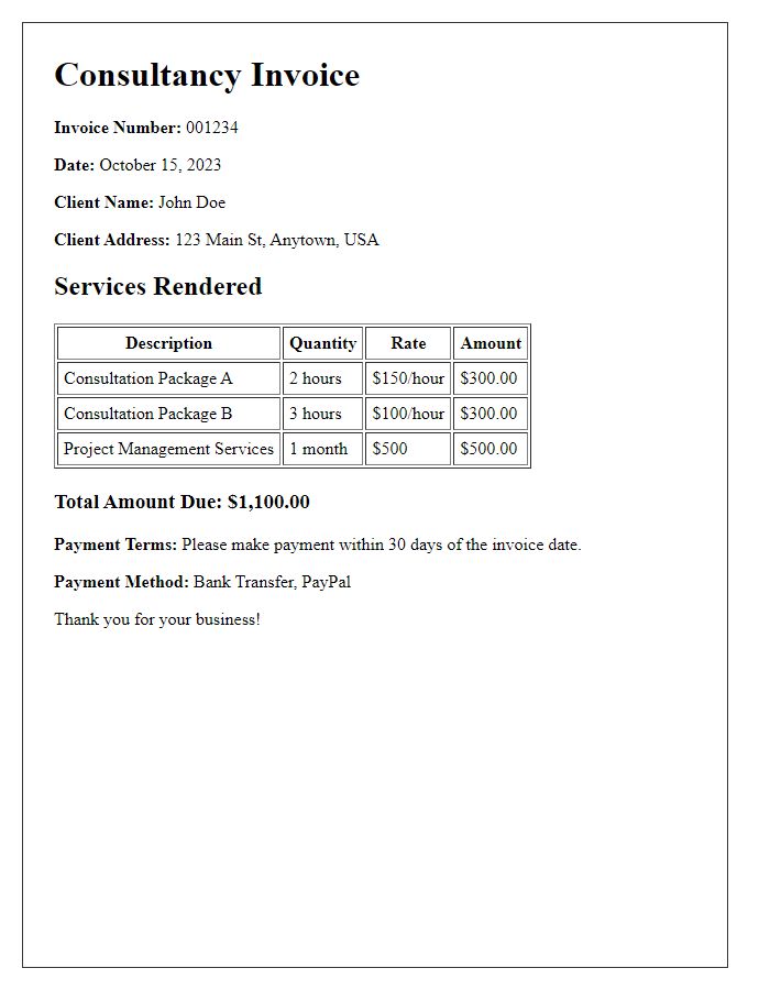 Letter template of consultancy invoice for bundled services