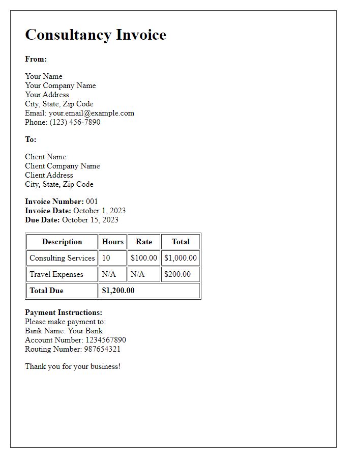 Letter template of consultancy invoice for client submission