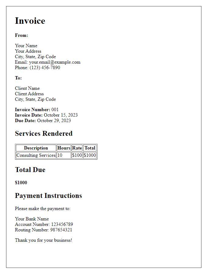 Letter template of consultancy invoice for freelance work