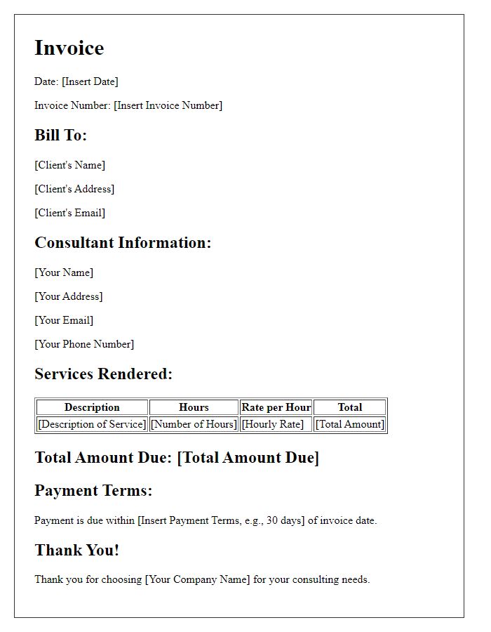 Letter template of consultancy invoice for hourly consultation