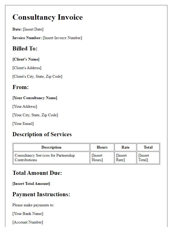 Letter template of consultancy invoice for partnership contributions