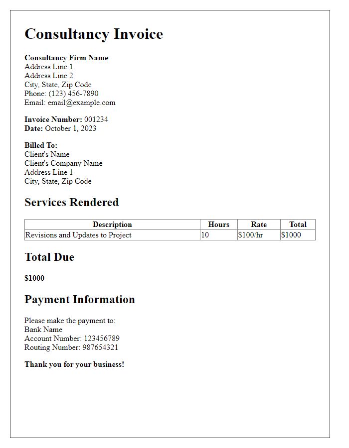 Letter template of consultancy invoice for revisions and updates