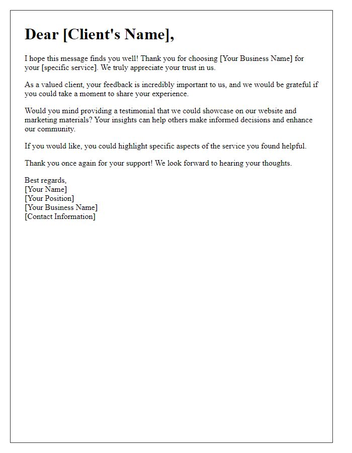 Letter template of client testimonial request for a service-based business.