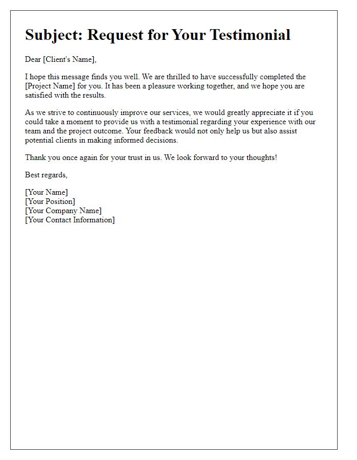 Letter template of client testimonial request for a successful project completion.