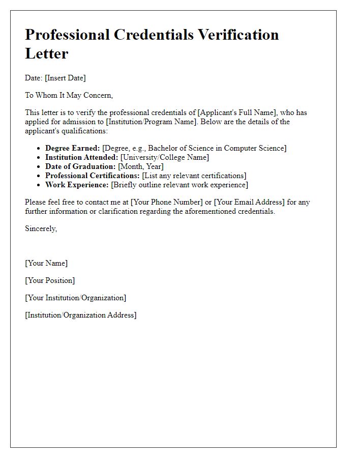 Letter template of professional credentials verification for academic admissions