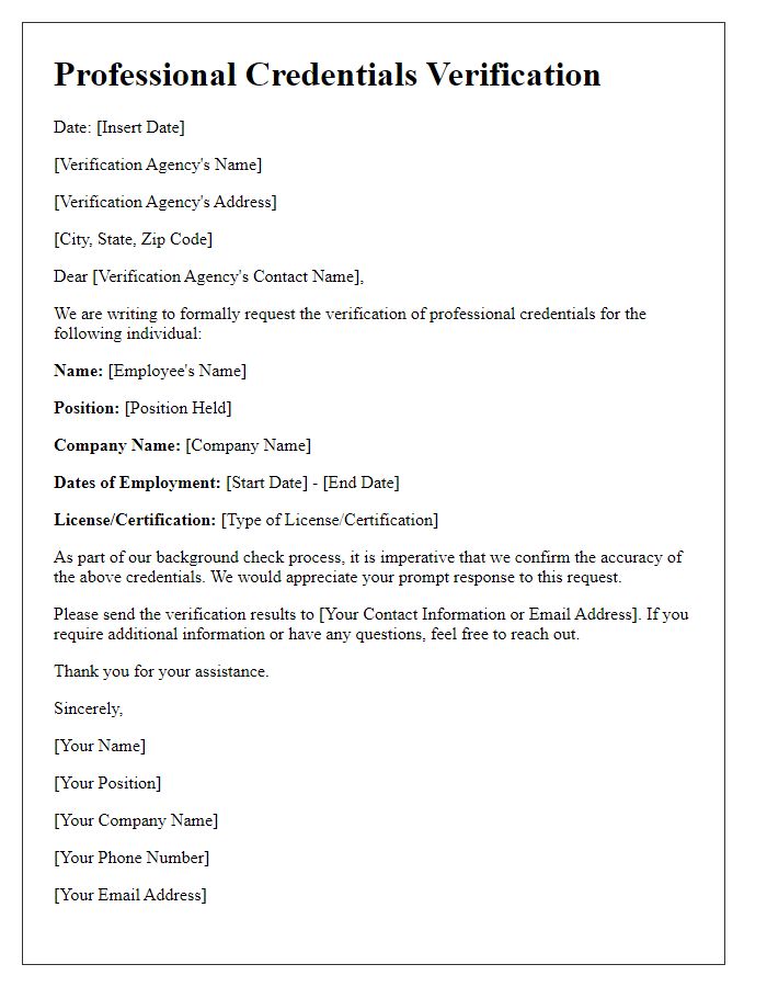 Letter template of professional credentials verification for background checks